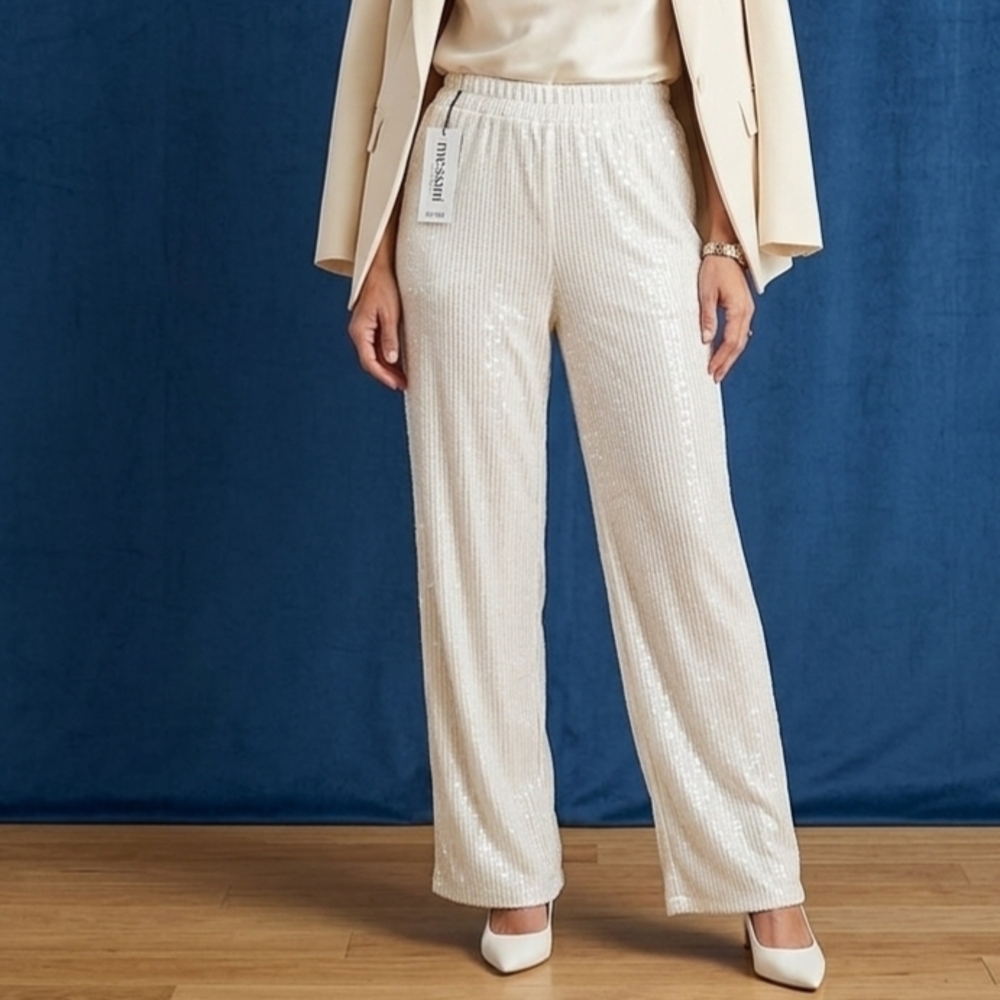 MESSINI Sequin Wide-Leg Pants in Ivory - Womens Pull-on. Size L.